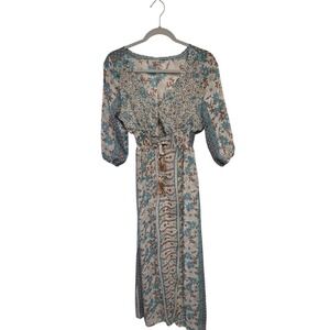 Boho Floral Maxi Dress Women's Brown‎ Blue V Neck 3/4 Sleeve Smocked Waist